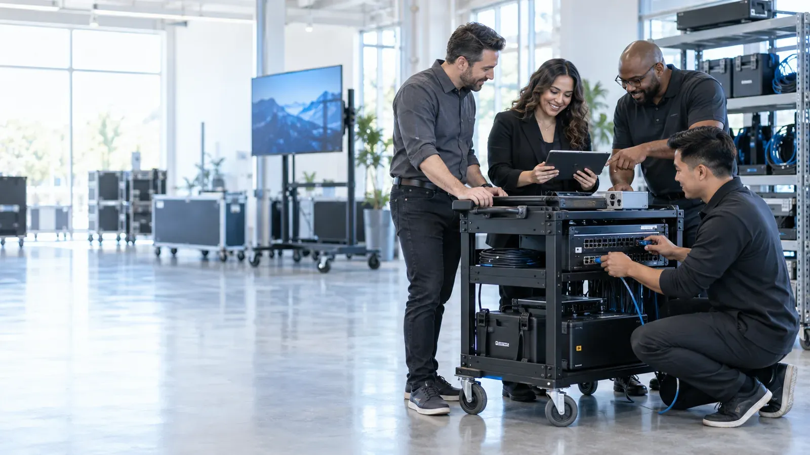 Technicians working together on network equipment
