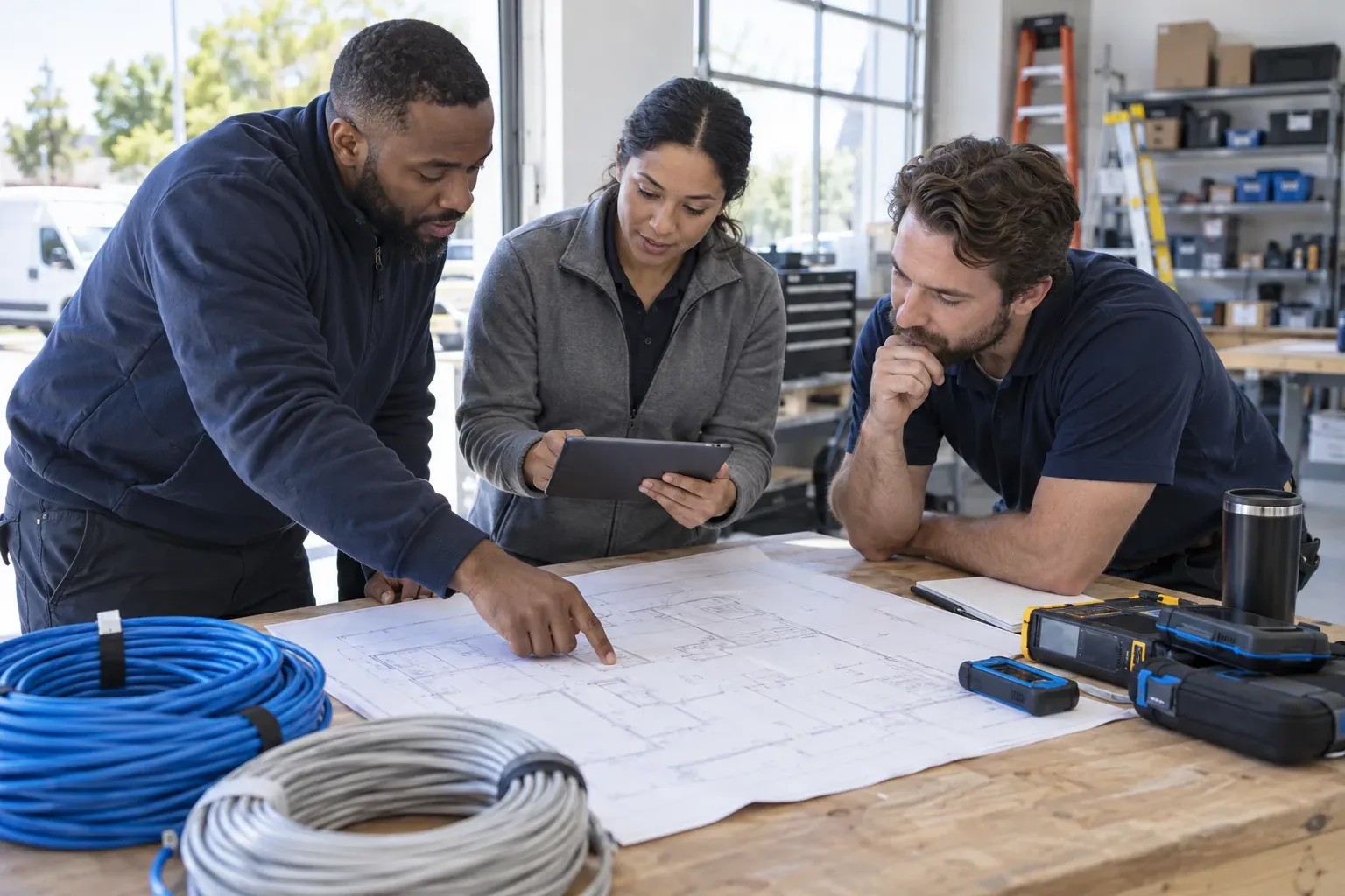 Technical professionals planning an installation around a table