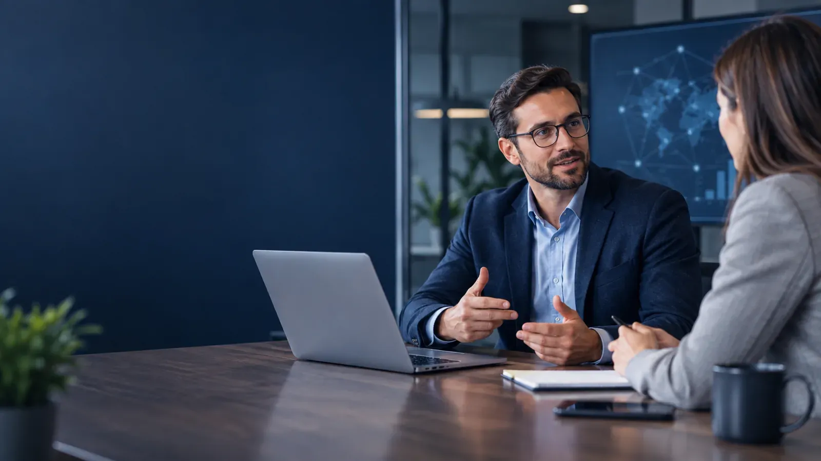 Professional discussing a project at a desk