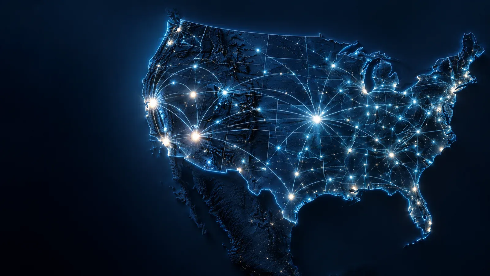 Network of connected light points across a dark map