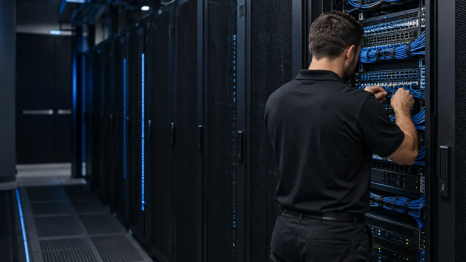 Technician connecting network cables in a data center rack