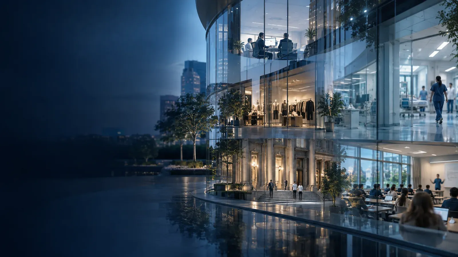 Modern commercial interior with glass walls