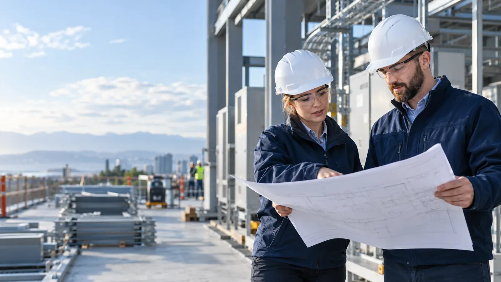Field professionals reviewing project plans on site
